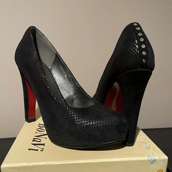 BONAVI Studded Platform Stiletto Pumps Heels Black Red bottoms Suede Shoes Sz 36 - Picture 2 of 10